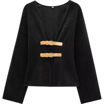 Dámské sako dámské sako s koženými pásky a výstřihem do V Barva: Černá, Velikost: S