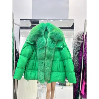 Dámská parka Zimní dámská bunda s kapucí a límcem z liščí kožešiny Velikost: M, Barva (Varianta): Full Green1