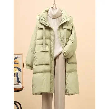 Dlouhá dámská péřová bunda s kapucí a šňůrkami v pase Barva: Zelená, Velikost: ONE SIZE
