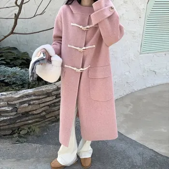 Dámský kabát Dámský vlněný kabát s knoflíky a kapucí Barva: Růžová, Velikost: S