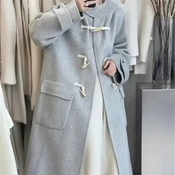 Dámský kabát Dámský vlněný kabát s knoflíky a kapucí Barva: Světle Šedá, Velikost: S