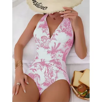 Dámské plavky Dámské plavky jednodílné s potiskem palem Barva: Růžová, Velikost: S