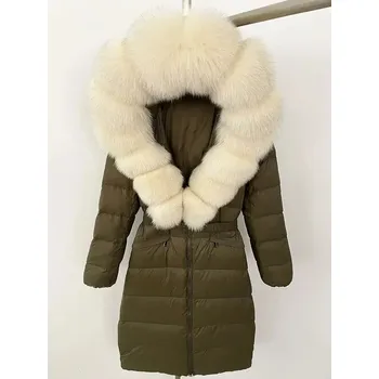 Dámská parka zimní péřová bunda s kapucí a pravou liščí kožešinou Velikost: M, Barva (Varianta): Green beige
