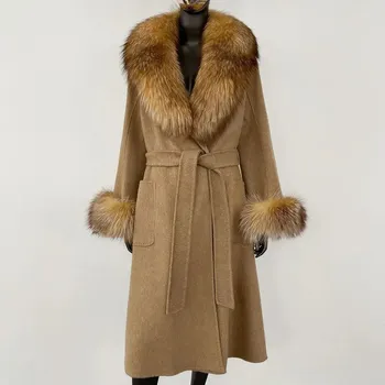 Dámský kabát Zimní kabát s límcem z lišky – vlněný, elegantní střih Velikost: M, Barva (Varianta): Světle hnědá