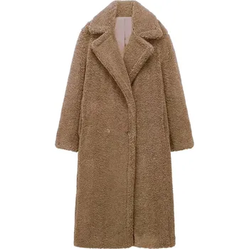 Best Fashion Dámský zimní vlněný kabát – dlouhý elegantní model s páskem Hnědá L