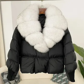 Dámská parka Zimní kabát s mývalí kožešinou a páskem Velikost: S, Barva (Varianta): Black Bílá