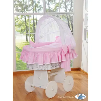 Dětská postýlka MY SWEET BABY GLAMOUR BÍLÝ - proutěný košík pro miminka, na kolečkách, se stříškou - RŮŽOVÉ POVLEČENÍ, proutí