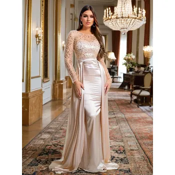 Dámské šaty Dlouhé večerní šaty bez rukávů s rozparkem a průsvitným živůtkem Barva: Zlatá, Velikost: S