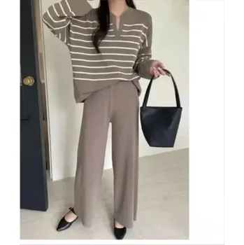 Dámská dvoudílná souprava – pruhovaný top a široké kalhoty Barva: Hnědá, Velikost: L