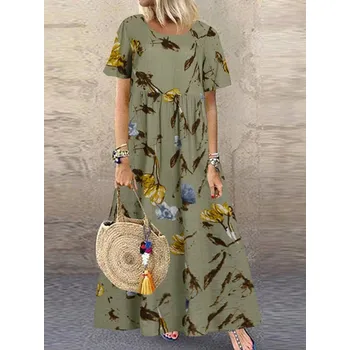 Dámské šaty Maxi šaty s vintage potiskem – volný prázdninový střih Velikost: 3XL, Barva (Varianta): A1 Green CottonRayon