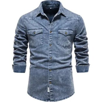 Pánská košile Pánská džínová košile – kapsy, westernový styl, úzký střih Barva: Modrá, Velikost: S
