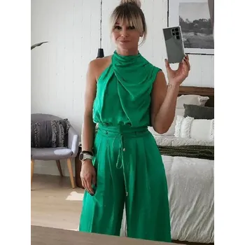 Saténový set top s rolákem a široké kalhoty Barva: Zelená, Velikost: 2XL