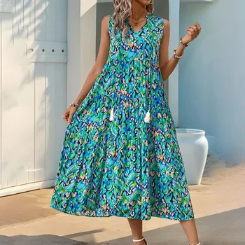 Dámské šaty Dámské květinové letní šaty – bohémské plážové Barva: Tyrkysová, Velikost: M