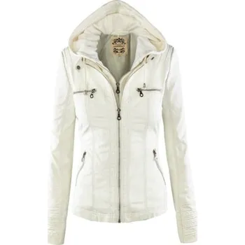 Dámský křivák Módní kožená bunda s odnímatelnou kapucí Barva: Bílá, Velikost: XL