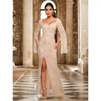 Dámské šaty Formální večerní šaty s dlouhým rukávem Barva: Zlatá, Velikost: XL