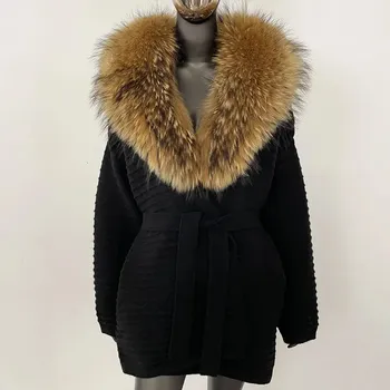 Dámský kabát Pletený kabát s kožešinou – oversize s límcem z lišky a mývala Velikost: ONE SIZE, Barva (Varianta): black natural