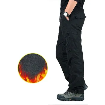 Pánské kalhoty Zimní fleece cargo kalhoty s kapsami na outdoor a turistiku Barva: Černá, Velikost: XL