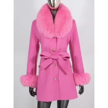 Dámský kabát kabát z pravé liščí kožešiny s páskem a vlnou Barva: Fuchsiová, Velikost: S