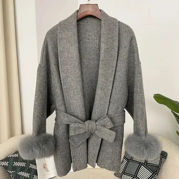 Dámský kabát Kašmírový kabát s odepínací liščí kožešinou Velikost: S, Barva (Varianta): Gray short