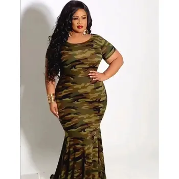 Dámské šaty Dlouhé maskáčové šaty s krátkým rukávem Barva: Maskáčová, Velikost: 4XL