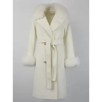Dámský kabát Zimní kabát s kožešinovým límcem – dvouřadý, kašmír + vlna Velikost: L, Barva (Varianta): Bílá