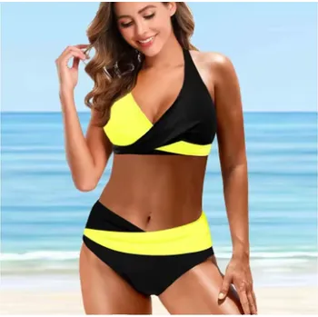 Dámské plavky Dámské plavky dvojdílné s vysokým pasem - dvoubarevné (vel. S-3XL) Barva: Žlutá, Velikost: L