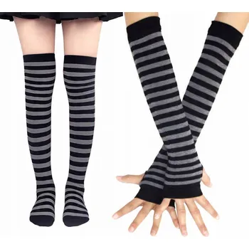 Rukavice Rukavice bez prstů, dlouhé návleky na ruce šedé s proužky a ponožky