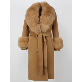 Dámský kabát Zimní kabát s kožešinovým límcem – dvouřadý, kašmír + vlna Velikost: M, Barva (Varianta): camel 2