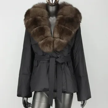 Dámská parka Péřová bunda s páskem a pravou liškou Barva: Černá, Velikost: S