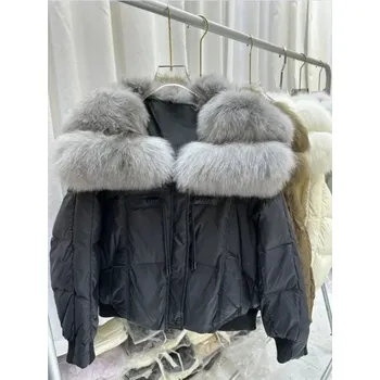 Dámská parka Krátká zimní bunda s límcem z lišky – péřová, volný střih Velikost: S, Barva (Varianta): Šedá