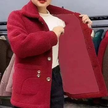 Dámský kabát Dámský zimní kabát z umělé kožešiny beránek Barva: Červená, Velikost: 3XL