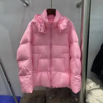 Dámská parka péřová bunda s kapucí a elegantním prošíváním Barva: Růžová, Velikost: L