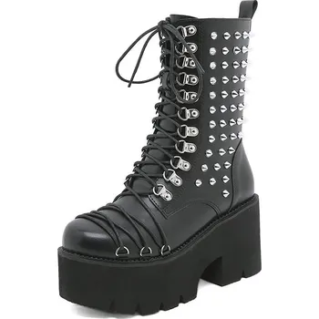 Dámské kozačky vysoké motorkářské boty na platformě s cvočky Barva: Černá, Velikost: 39