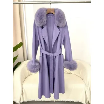 Dámské oblečení Best Fashion Luxusní vlněný dámský kabát s kožíškem z lišky fialová S