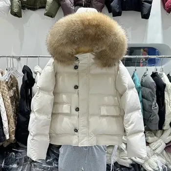 Dámská parka Dámská péřová bunda s pravou kožešinou a knoflíky Velikost: M, Barva (Varianta): Beige nature