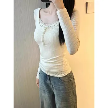 Dámská halenka dvoudílný komplet s krajkou a dlouhým rukávem ve stylu bodycon Barva: Aprikotová, Velikost: M