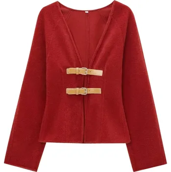 Dámské sako dámské sako s koženými pásky a výstřihem do V Barva: Červená, Velikost: M