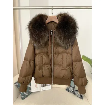 Dámská parka Dlouhá péřová bunda s kapucí a kožešinovým límcem Velikost: S, Barva (Varianta): full brown