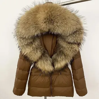 Dámská parka Dámská zimní bunda s kapucí a pravou mývalí kožešinou Velikost: S, Barva (Varianta): brown natural