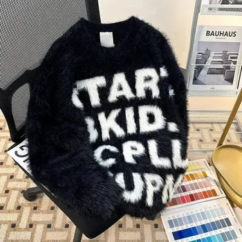 Pánský svetr Oversize pletený svetr s nápisem, unisex vintage styl Barva: Černá, Velikost: M