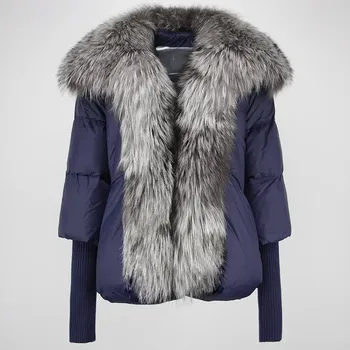Dámská parka bunda s pravou liškou a péřovou výplní ve volném střihu Velikost: M, Barva (Varianta): Navyblue silver