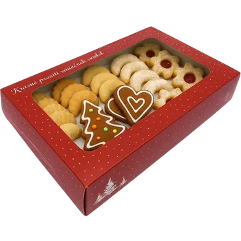 Dárková krabička Vánoční krabička červená "Zimní chaloupka" s průhledným okénkem na 3/4 kg cukroví 25x15x5 cm