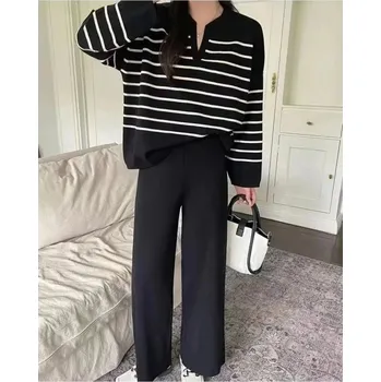 Dámská dvoudílná souprava – pruhovaný top a široké kalhoty Barva: Černá, Velikost: L