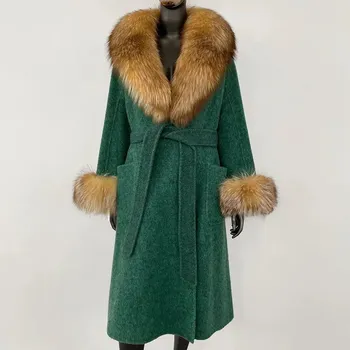 Dámský kabát Zimní kabát s límcem z lišky – vlněný, elegantní střih Velikost: S, Barva (Varianta): Zelená