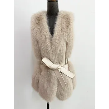 Dámská vesta Dámská kožešinová vesta bez rukávů se zavazováním Barva: Khaki, Velikost: XL