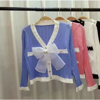 Krátký pletený svetr – výstřih do V, mašle Barva: Růžová, Velikost: ONE SIZE