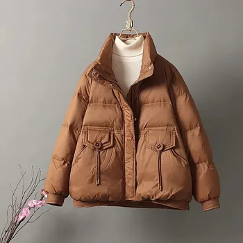 Dámská parka zimní péřová bunda – se stojáčkem a zipem Barva: Oranžová, Velikost: S