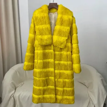 Dámský kabát Dámský kožešinový kabát z králičí srsti Barva: Žlutá, Velikost: XL