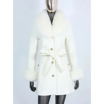 Dámský kabát kabát z pravé liščí kožešiny s páskem a vlnou Barva: Bílá, Velikost: L