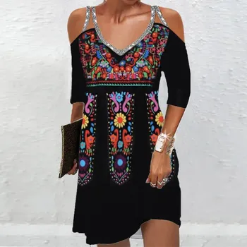 Dámské šaty Letní etno šaty s krátkým rukávem a volnou sukní Velikost: L, Barva (Varianta): C